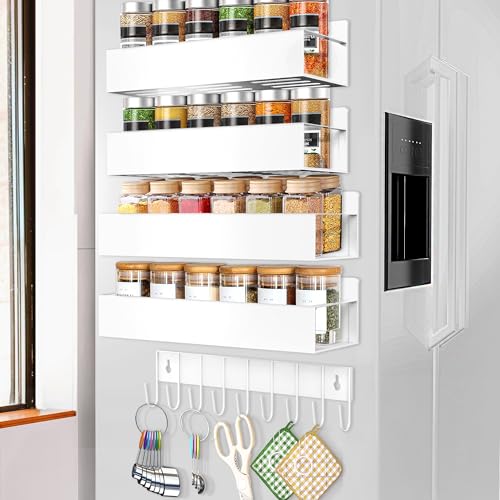 SMRCAD Magnetic Spice Rack Organizer for Fridge Seasoning Organizer for Kitchen storage with Screw Magnetic Shelf with Hook for Refrigerator and Oven (4pack1hook-White) - color: 4pack1hook-White