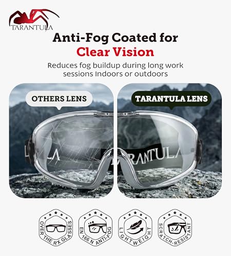 Tarantula ANSI Z87.1+ Safety Goggles Over Glasses, Anti-Fog & Anti-Scratch, Adjustable Strap, Lab Eye Protection, Woodworking - color: Clear & Grey