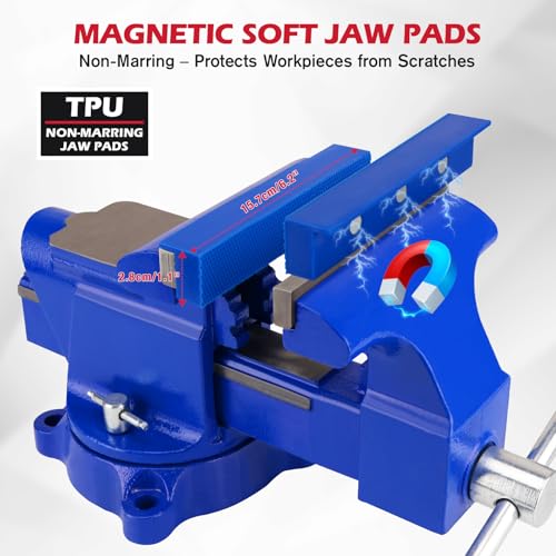 6-Inch Bench Vise with Jaw Pads, Heavy Duty Workbench Vise with Anvil, 360° Swivel Locking Base, 4500 lbs Clamping Force Bench Vice for Woodworking, Drilling, Pipe Cutting - style: 6" New Version + Magnetic Pads