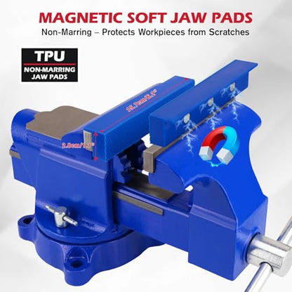 6-Inch Bench Vise with Jaw Pads, Heavy Duty Workbench Vise with Anvil, 360° Swivel Locking Base, 4500 lbs Clamping Force Bench Vice for Woodworking, Drilling, Pipe Cutting - style: 6" New Version + Magnetic Pads