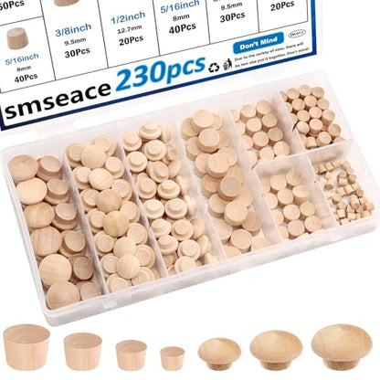 smseace 230Pcs 7-Sizes Wood Plugs 3/16" 5/16"，3/8"，1/2" Wooden Hole Plugs for Holes in Furniture/Table and Chair Legs/Cabinet Reserved Holes/Outdoor Equipment Wood Plugs Assortment Kit - style: Button+Round Wood Plugs