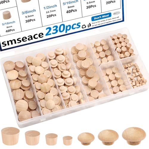 smseace 230Pcs 7-Sizes Wood Plugs 3/16" 5/16"，3/8"，1/2" Wooden Hole Plugs for Holes in Furniture/Table and Chair Legs/Cabinet Reserved Holes/Outdoor Equipment Wood Plugs Assortment Kit - style: Button+Round Wood Plugs