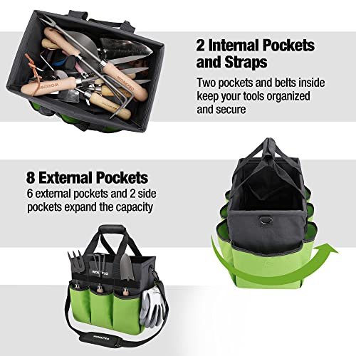 WORKPRO Garden Tool Bag Organizer, Heavy Duty Gardening Tote Bag with 10 Pockets and Long Adjustable Shoulder Strap, Standable Garden Home Tool Kits Organizer, Green (Tools are not Included) - color: Green