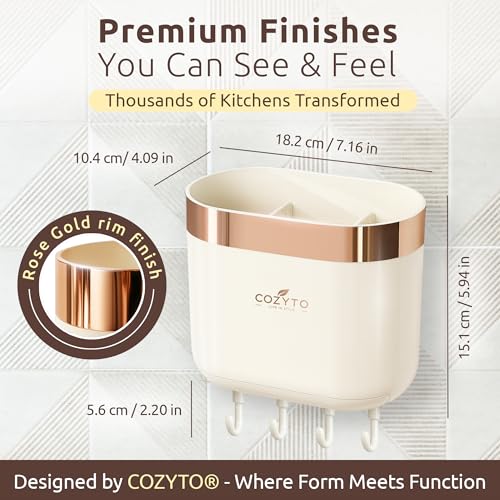 COZYTO LuxTray U1-Pro Wall Mounted Utensil Holder – Kitchen Organizer with Hooks, Dividers & Drain Tray, No-Drill Adhesive Wall Mount Storage, BPA-Free (Cream White & Rose Gold) - color: Cream White & Rose Gold