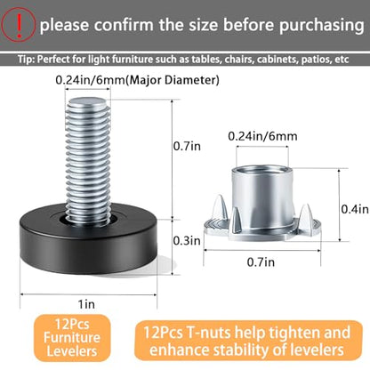 M6 Thread Leveling Feet, 12 PCS Furniture Levelers with T-Nuts, Adjustable Furniture Feet Threaded Screw in, Table Levelers for Adjusting Individual Desk Legs - size: With T-Nut, M6 Thread