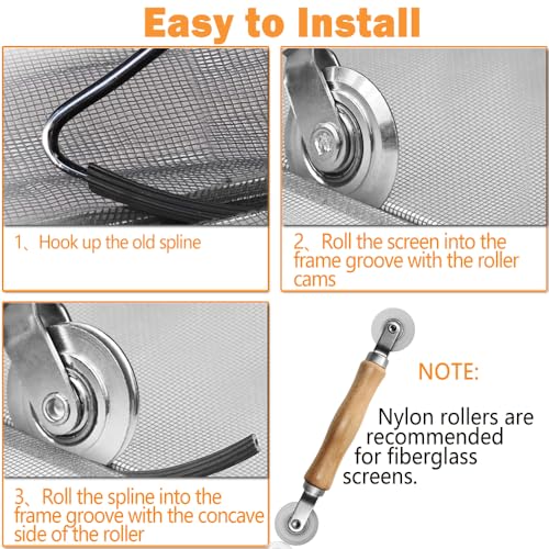 Screen Repair kit, Screen Roller Tool, Steel/Nylon Roller with Bear+Removal Hook, 3 in 1 Window Screen Door Repair Kit,for Installing Door Window Mesh - size: Steel/Nylon Rollers+Pick