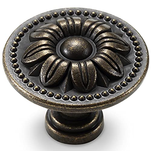 CHICTIE Set of 10 Vintage Kitchen Cabinet Knobs Pulls, Flower Drawer Knobs, Dresser Knobs, Antique Brass Pull Handles, Rustic Bronzed Door Knobs for Dresser Drawers, Zinc