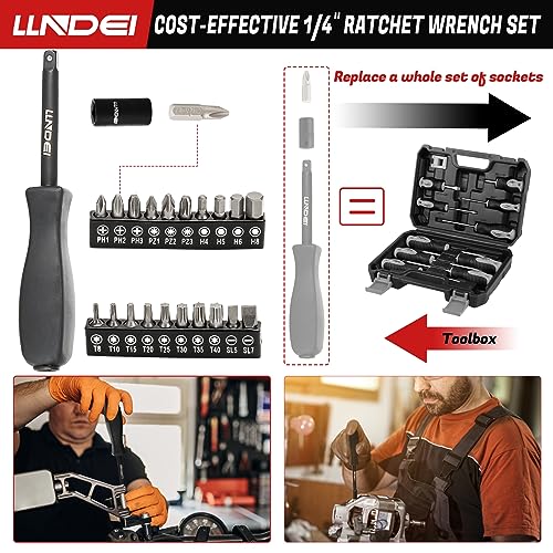 LLNDEI 1/4 inch Drive Impact Socket Set 83 Piece,Standard SAE(5/32-9/16 inch) Metric Size(4-15mm),72T Ratchet Wrench Handle,CR-V Mechanics Tool Set with Adapter,Screwdriver Bits for Automotive Repair - size: 83-piece 1/4" Drive Impact Socket Set