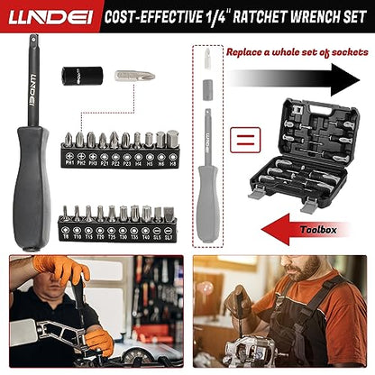LLNDEI 1/4 inch Drive Impact Socket Set 83 Piece,Standard SAE(5/32-9/16 inch) Metric Size(4-15mm),72T Ratchet Wrench Handle,CR-V Mechanics Tool Set with Adapter,Screwdriver Bits for Automotive Repair - size: 83-piece 1/4" Drive Impact Socket Set
