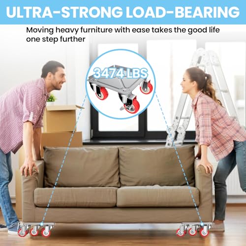 Upgrade 3474LBS Heavy Duty Furniture Dolly & Movers, 6.5" Carbon Steel Panel with 5 360° Rotatable Rubber Universal Wheels, Includes Non-Slip Sliders & Lifter Tool for Moving Pianos, Sofa, Appliances - color: Silver(upgrade)