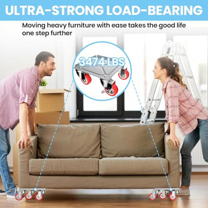 Upgrade 3474LBS Heavy Duty Furniture Dolly & Movers, 6.5" Carbon Steel Panel with 5 360° Rotatable Rubber Universal Wheels, Includes Non-Slip Sliders & Lifter Tool for Moving Pianos, Sofa, Appliances - color: Silver(upgrade)