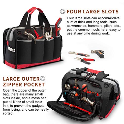 Tool Bag, Waterproof Tool Bags for Men or Women, 16-inch Wide Mouth Tool Bag Organizer with 25 Pockets for Tool Storage Bag, with Adjustable Shoulder Strap (Black/Red)