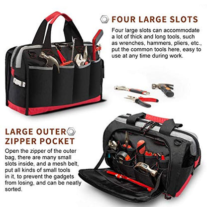 Tool Bag, Waterproof Tool Bags for Men or Women, 16-inch Wide Mouth Tool Bag Organizer with 25 Pockets for Tool Storage Bag, with Adjustable Shoulder Strap (Black/Red)