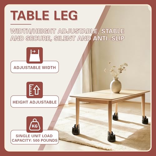 4 Pack Adjustable Furniture Risers 2.36" to 3.15", Heavy Duty Bed Risers with Clamp Design, Clamp-On Levelers for Chair Table Sofa Cabinet Legs, Furniture Height Extenders Leg Lifts (Black)