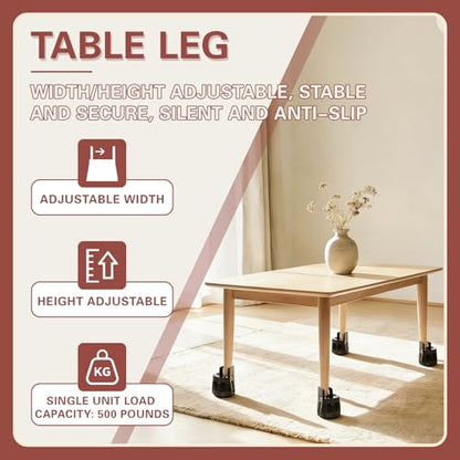 4 Pack Adjustable Furniture Risers 2.36" to 3.15", Heavy Duty Bed Risers with Clamp Design, Clamp-On Levelers for Chair Table Sofa Cabinet Legs, Furniture Height Extenders Leg Lifts (Black)