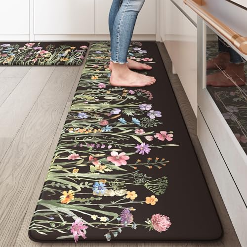 KIMODE Kitchen Mats Cushioned Anti Fatigue, Black Farmhouse Kitchen Rugs Sets of 2, Padded Kitchen Floor Mats, Non Slip Standing Mat for Sink, Laundry, Office, Desk 17"x59"+17"x29" - color: Floral/Black, size: 17.3" x 59"+17.3" x 29"--0.47 inches