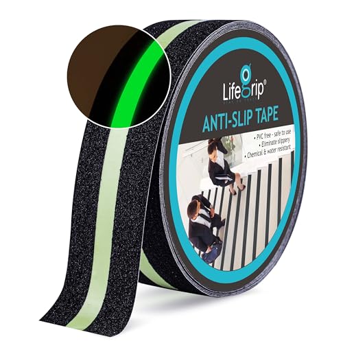 LifeGrip Anti Slip Traction Tape with Glow in Dark Green Stripe, 2 Inch x 38 Feet - Best Grip, Friction, Abrasive Adhesive for Stairs, Tread Step, Indoor and Outdoor, Black (2 inch X 38 feet) - color: Black/Green, size: 2" X 38'