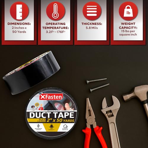 XFasten Black Duct Tape, Packaging Tape, Heavy Duty Box Tape for Shipping Supplies, 2 Inches x 50 Yards, 5.8 Mil, All-Weather Repair & Packing - color: Black