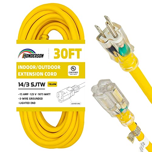 Indoor Outdoor Extension Cord Weatherproof with Lighted End, UL Listed, 14 Gauge 30FT Yellow 3 Prong Heavy Duty, 14/3 SJTW 15A Power Cord for Outdoor Lights, Lawn - size: 30FT, style: 14/3