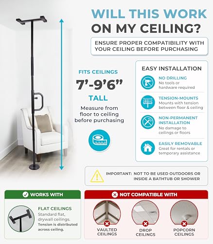 Stander Wonder Pole, Security-Pole and Curve Grab Bar, Tension Mounted Floor to Ceiling Transfer-Pole for Seniors, Elderly Adults, Bathroom Safety Assist and Stability Rail, Black - color: Metallic Black
