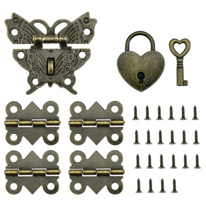 1 Set Retro Engraved Jewelry Box Hinges Hasp Catch Lock Set, Decorative Hardware Kit with Screws for DIY Wooden Case Furniture Cabinet Suitcase Decoration and Repairs (Antique Bronze)