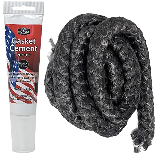 Midwest Hearth Wood Stove Replacement Gasket Kit – Made in USA Graphite Impregnated Fiberglass Rope Gasket & 2000°F Adhesive Cement for Woodburning Stoves (7/8" x 84" Rope) - size: 7/8" x 84" Rope