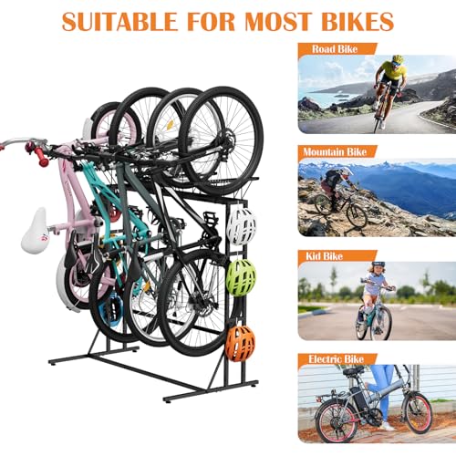 OYEAL Vertical Bike Stand, Free Standing Bike Rack Garage with 6 Hooks, Indoor/Outdoor Floor Bike Storage for 3 Adult Mountain/Road &1 Kids Bikes, Max Tire Width 2.6”, Black