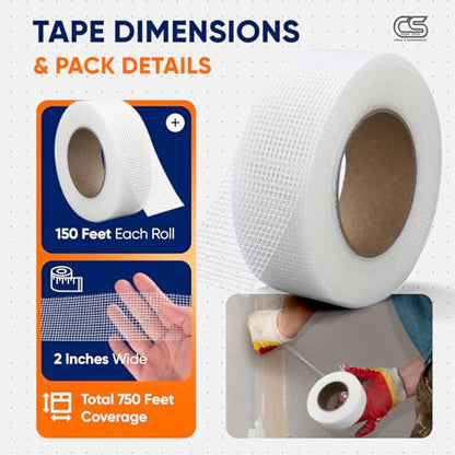 Fiberglass Mesh Drywall Joint Tape 2" x 150 Ft Self-Adhesive Crack-Resistant 5-Pack by ClearStyle