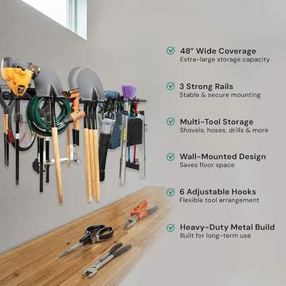 Garage Tool Organizer Wall Mount 48 Inch, Heavy Duty Metal Tool Rack with 3 Racks & 6 Adjustable Hooks, Wall Mounted Garden Tool Storage for Garage, Shed, Holds Shovels, Brooms & Tools - size: 06 Hooks
