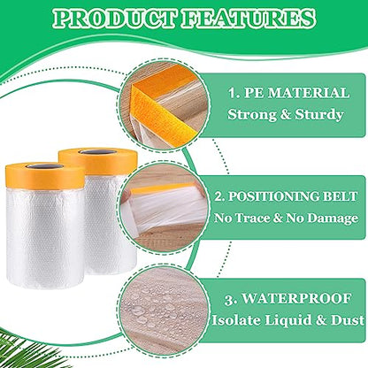 6 Pack Tape and Drape, 1.8x65.6 Ft Pre-Taped Masking Film for Auto Painting Covering, Plastic Pre-Adhesived Dust Paint Protective Drop Film for Furniture, Car, Floor - size: 1.8 Foot x 65.6 Foot - 6 Rolls