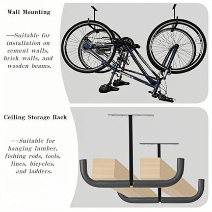 Overhead Garage Storage Hooks, Heavy Duty Double Ceiling Rack for Lumber Ladder Bikes Tires & Other Bulky Items (2)