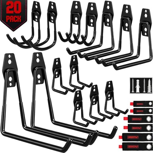 20 Pack Heavy Duty Garage Storage Hooks with Extension Cord Organizer, Solid Steel Wall Mount Hook Set with Anti-Slip Coating Utility J Hooks for Ladders,Bikes,Ropes,Broom,Garden,Yard and Power Tools - style: 20-Pack Hooks + 6 Straps