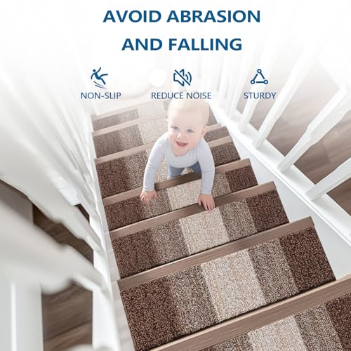 OLANLY Stair Treads Non Slip 15PCS, 8" x 30" Indoor Stair Runners for Wooden Steps, Edging Stair Rugs with Reusable Peel and Stick Adhesive for Kids Elders and Pets, Brown - color: Brown