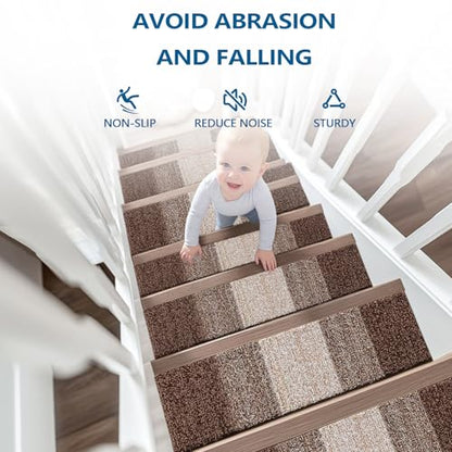 OLANLY Stair Treads Non Slip 15PCS, 8" x 30" Indoor Stair Runners for Wooden Steps, Edging Stair Rugs with Reusable Peel and Stick Adhesive for Kids Elders and Pets, Brown - color: Brown