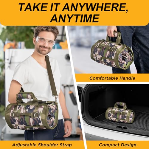 Tool Bag, Heavy Duty Tool Organizer, Portable Tool Pouch for Men with 2 Small Detachable Pouches, Foldable Carrying Tool Storage, Mechanic & Electrician Dad Birthday Gifts, Camo-Green - style: Non-detachable