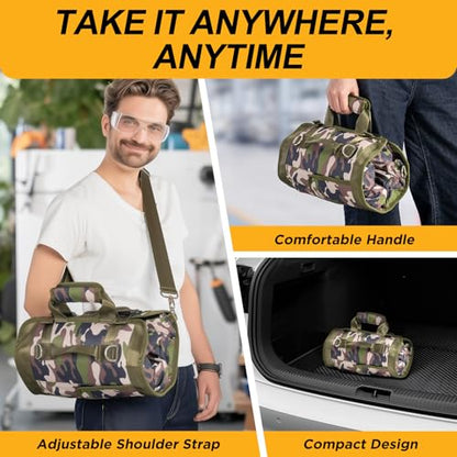 Tool Bag, Heavy Duty Tool Organizer, Portable Tool Pouch for Men with 2 Small Detachable Pouches, Foldable Carrying Tool Storage, Mechanic & Electrician Dad Birthday Gifts, Camo-Green - style: Non-detachable