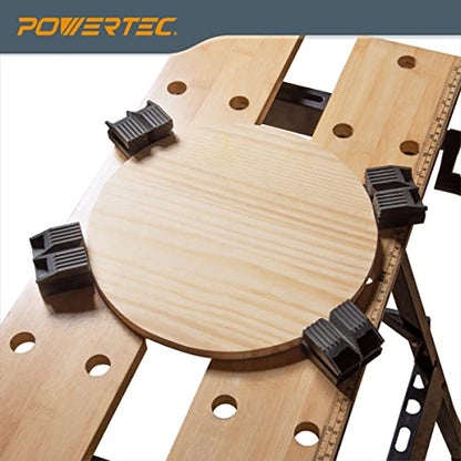 POWERTEC MT4006C Portable Workbench w/Bench Dogs & Clamps | Folding Sawhorse Worktable w/4 Bench Dogs & 2 Quick Release Bench Dog Clamps, Imprinted Ruler and Protractor Scale for Woodworking Projects