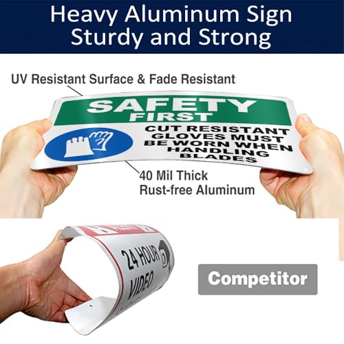 Safety First Warning Sign Aluminum Cut Resistant Gloves Required Handling Blades 12 * 8 Inch Rust Free Waterproof 4 Pre Drilled Holes for Workshop Garage Warehouse Factory Store