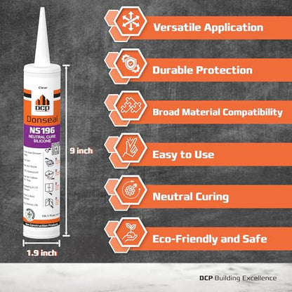 DCP Donseal NS196 Silicone Caulk Sealant 12 Pack – 100% Silicone Tube for Bathroom, Kitchen, Outdoor, Bathtub and Window Seal, 10.1 fl oz – Clear - style: 12-Pack