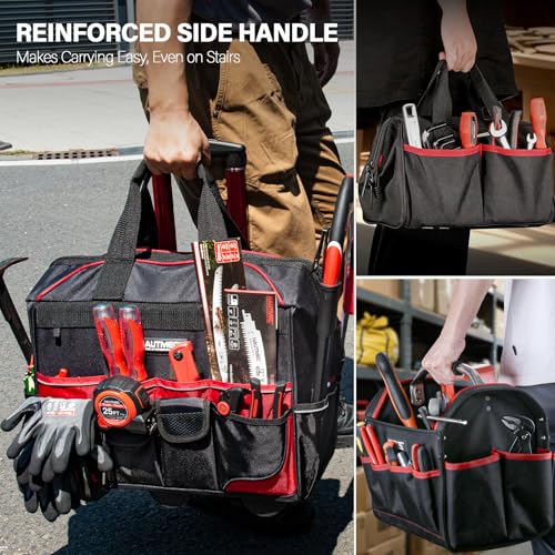 HAUTMEC 3-Piece Rolling Tool Bag Set, 18" Wheeled Tool Bag, 15" Open Top Tool Tote & 12" Wide Mouth Small Bag, Heavy-Duty 1680D Water-Resistant Tool Storage with Off-Road Wheel & Telescoping Handle - style: 3-Pcs Set | Red