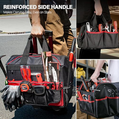 HAUTMEC 3-Piece Rolling Tool Bag Set, 18" Wheeled Tool Bag, 15" Open Top Tool Tote & 12" Wide Mouth Small Bag, Heavy-Duty 1680D Water-Resistant Tool Storage with Off-Road Wheel & Telescoping Handle - style: 3-Pcs Set | Red