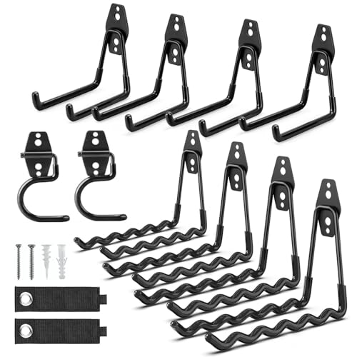 12 Pack Garage Hooks, 2 Extension Cord Storage Straps, Steel Utility Wall Mount Storage Organizer with Anti-Slip Coating for Hanging Ladders, Bikes, Garden Tools, Hose - size: J hook 12PCS