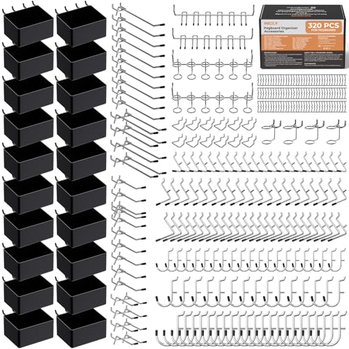 INCLY 320PCS Pegboard Accessories Organizer Kit, Peg Board Hooks Assortment with 20PCS Bins for Organizing Various Tools, Fit 1/8 or 1/4 inch Pegboard for Garage Wall Hanging & Storage - size: 320 PCS