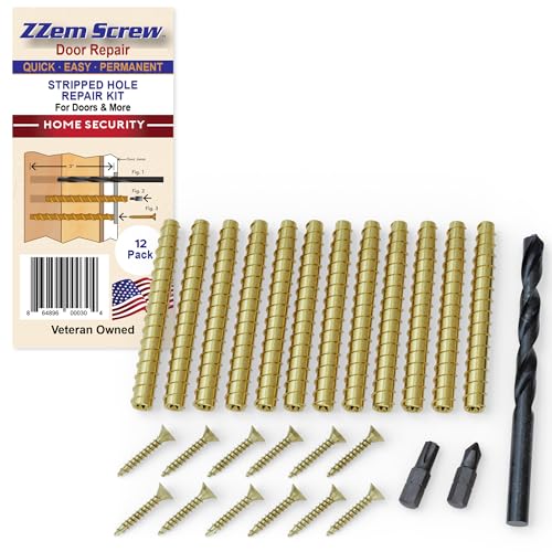 12-PK - #9x3 Brass Screws Permanent Door Hinge Repair Kit – Easy Stripped Screw Hole Fix – Reinforce Hinges, Strike Plates & Door Jamb – Quickly Fix Stripped Hinge Screws - Made in USA