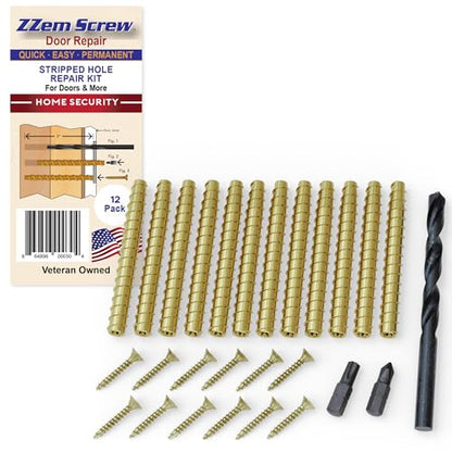 12-PK - #9x3 Brass Screws Permanent Door Hinge Repair Kit – Easy Stripped Screw Hole Fix – Reinforce Hinges, Strike Plates & Door Jamb – Quickly Fix Stripped Hinge Screws - Made in USA