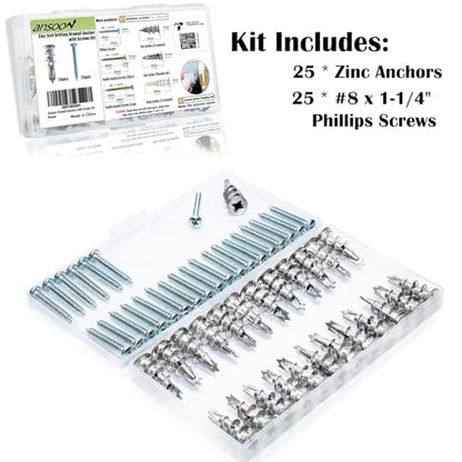 Zinc Self-Drilling Drywall Anchors with Screws Kit, 25 Heavy Duty Metal Wall Anchors and 25#8 x 1-1/4'' Screws - 50 Pieces All Together