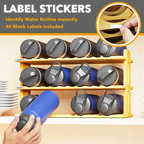 SpaceAid Bamboo Water Bottle Organizer with Labels, Kitchen Pantry Water Bottle Storage Rack for Cabinets, Home Cup and Wine Bottle Holder Shelf Organizers, (3-Tier, Hold 12 Bottles) - size: 3-Tier, 12 Bottles