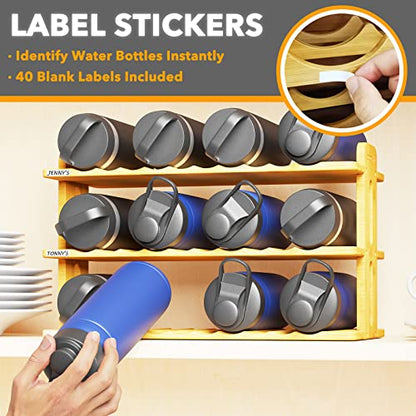 SpaceAid Bamboo Water Bottle Organizer with Labels, Kitchen Pantry Water Bottle Storage Rack for Cabinets, Home Cup and Wine Bottle Holder Shelf Organizers, (3-Tier, Hold 12 Bottles) - size: 3-Tier, 12 Bottles