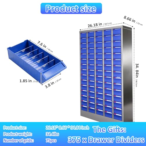 Parts Cabinet 75 Drawers Steel Hardware Organizer with Adjustable Dividers and Labels, Wall Mount Tool Storage Cabinet for Nuts Bolts Screws Washers, Garage Workshop
