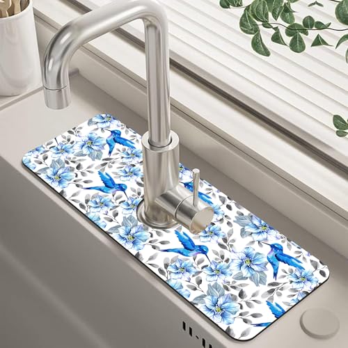 Blue Floral and Hummingbird Dish Drying Mat for Kitchen Sink Splash Guard Behind Faucet Sink Mat Absorbent Fast Drying Faucet Draining Mat for Bathroom Kitchen 5.5"×15" - size: 15" x 5.5"